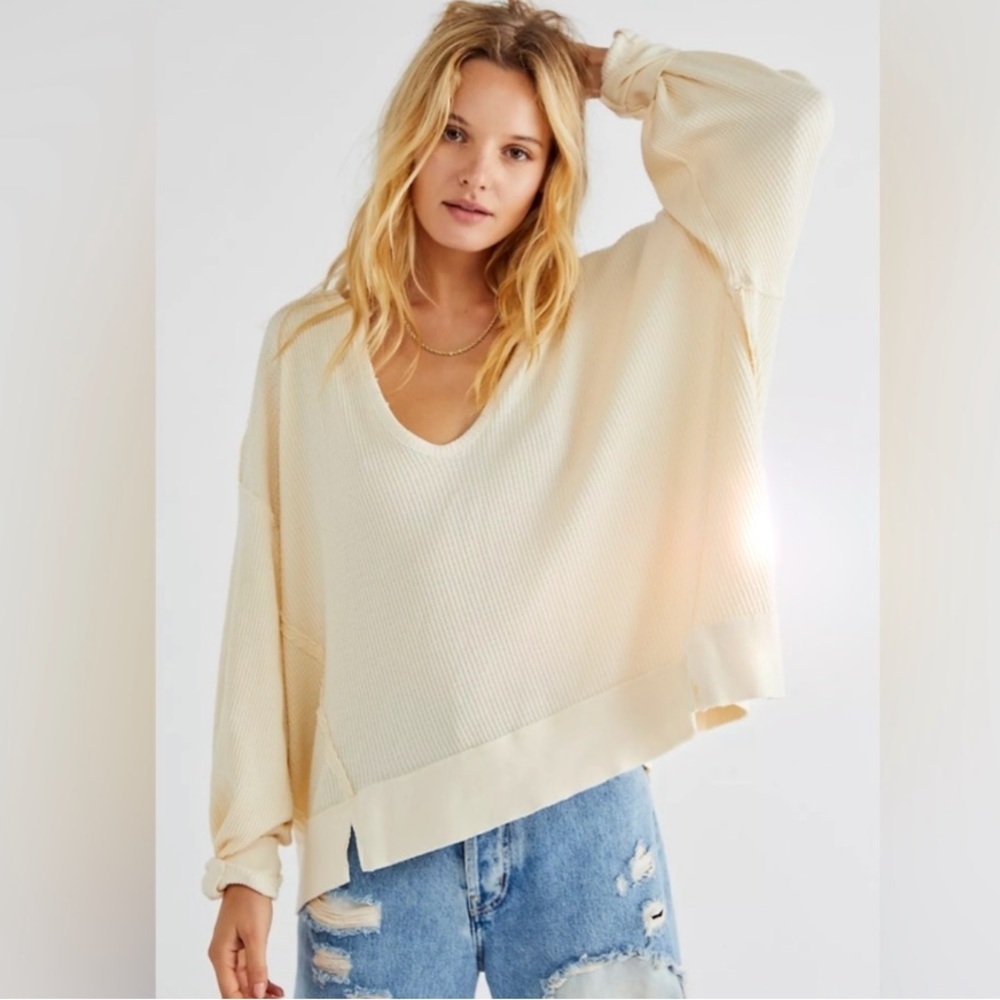Free People Buttercup Thermal Top Cream Oversized Waffle Knit Slouchy L